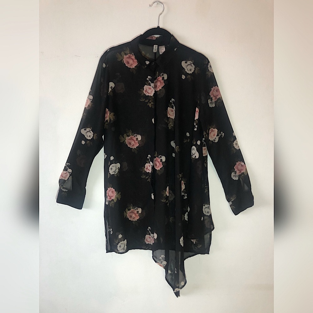 Black see through floral printed button up.
